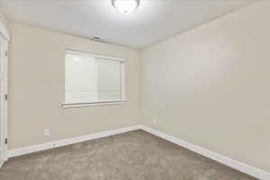 Unfurnished room with carpet flooring, baseboards, and a textured ceiling