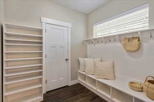Mudroom featuring baseboards and dark wood-style flooring