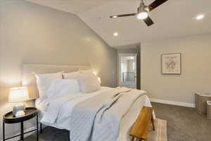 Bedroom with ceiling fan, baseboards, lofted ceiling, carpet floors, and recessed lighting