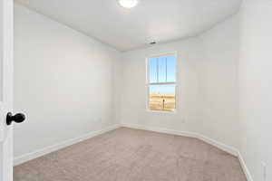 Empty room featuring baseboards, carpet floors, and visible vents