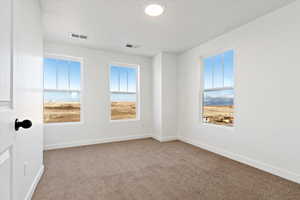 Carpeted empty room featuring visible vents, a textured ceiling, and baseboards