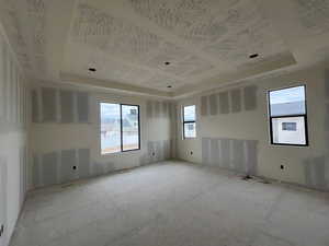 Spare room featuring a tray ceiling