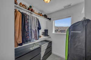 Spacious closet with carpet flooring and visible vents