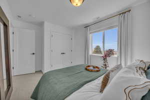 Bedroom featuring visible vents, light carpet, and a closet