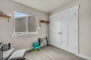 Living area featuring carpet flooring, visible vents, and baseboards