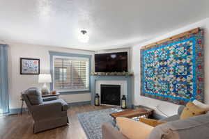 Living room with baseboards, a textured ceiling, wood-like finished floors, and a fireplace