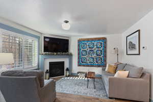 Living area featuring a textured ceiling, wood-like finished floors, and a fireplace