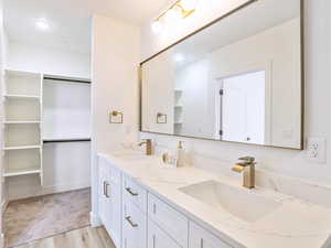 Bathroom with a spacious closet, wood finished floors, a sink, and double vanity