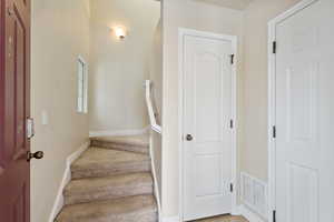 Staircase with carpet flooring, baseboards, and visible vents