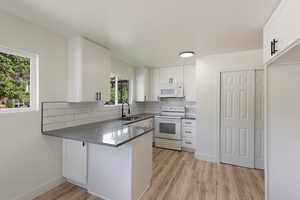 Kitchen featuring a sink, tasteful backsplash, white appliances, a peninsula, and white cabinets