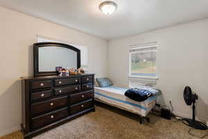 Bedroom featuring carpet and baseboards
