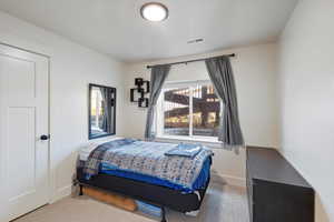 Carpeted bedroom featuring baseboards and visible vents