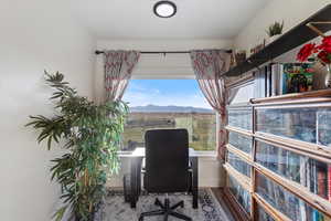 Office featuring a mountain view, baseboards, and wood finished floors