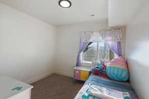 Bedroom with visible vents, baseboards, and carpet