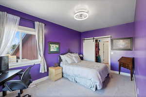 Bedroom with a closet, baseboards, a barn door, and carpet floors