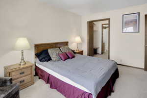 Bedroom with a walk in closet, baseboards, a closet, and light carpet