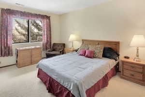 Bedroom with visible vents, light colored carpet, and baseboards