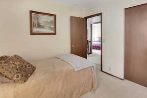 Bedroom with light colored carpet