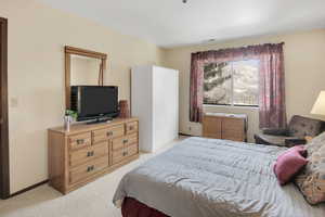 Bedroom with baseboards, light carpet, and visible vents