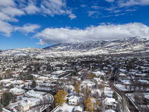 aerial view with a mountain view and a residential view