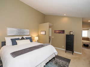 Bedroom with recessed lighting, light colored carpet, Privacy entrance