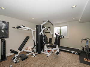 Workout room featuring recessed lighting and radiant heat in floor