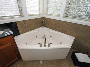 Bathroom with a jetted tub, granite finish floor, and a wealth of natural light