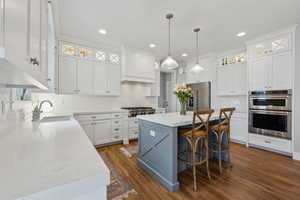 Kitchen featuring a sink, backsplash, white cabinetry, stainless steel appliances, and dark wood-style flooring