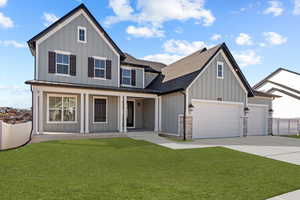 View of front of home featuring board and batten siding, a front lawn, fence, a porch, and concrete driveway