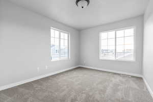 Spare room featuring visible vents, baseboards, and carpet floors
