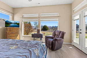 Bedroom with visible vents, multiple windows, and access to exterior