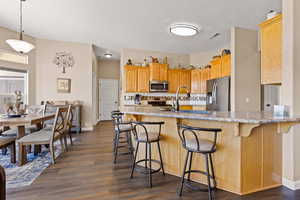 Kitchen with backsplash, a kitchen breakfast bar, a peninsula, stainless steel appliances, and a sink