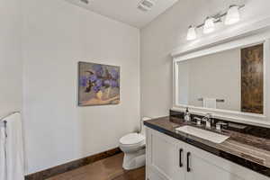 Bathroom featuring wood finished floors and vanity