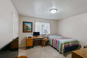 Bedroom with light carpet and a textured ceiling