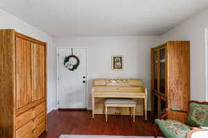 Sitting room with baseboards, a textured ceiling, and dark wood-style floors