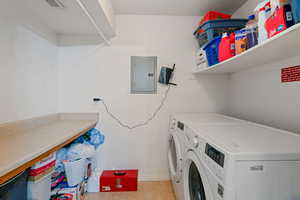 Clothes washing area featuring visible vents, electric panel, washing machine and dryer, baseboards, and laundry area