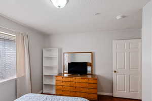 Bedroom with dark wood finished floors, baseboards, and a textured ceiling