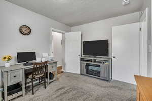 Office area with a textured ceiling and carpet floors