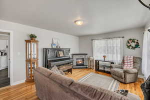 Living room with light wood-style floors and a fireplace