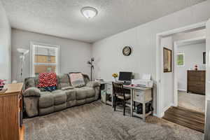 Carpeted office with a textured ceiling and wood finished floors
