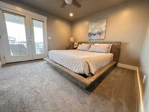 Bedroom featuring access to outside, recessed lighting, baseboards, and carpet floors