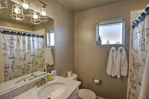Full bathroom featuring curtained shower, toilet, and vanity
