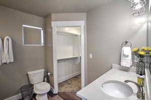 Bathroom featuring baseboards, toilet, wood finished floors, and vanity