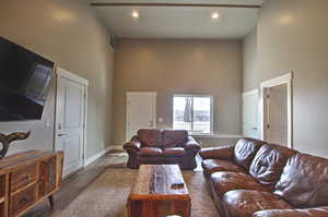 Living room with recessed lighting, baseboards, wood finished floors, and a towering ceiling
