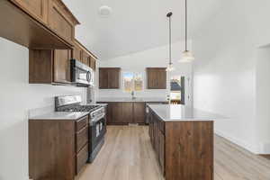 Kitchen featuring light countertops, light wood-style flooring, a sink, and stainless steel appliances