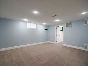 Basement featuring visible vents and light carpet
