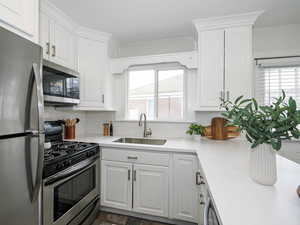 Kitchen with a sink, stainless steel appliances, light countertops, and white cabinetry