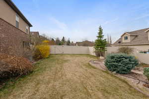 View of yard with a fenced backyard and a gate