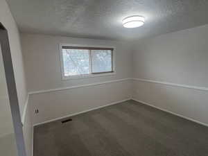 Empty room with dark colored carpet, visible vents, baseboards, and a textured ceiling