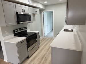 Kitchen featuring gray cabinetry, light wood-style flooring, a sink, appliances with stainless steel finishes, and light countertops